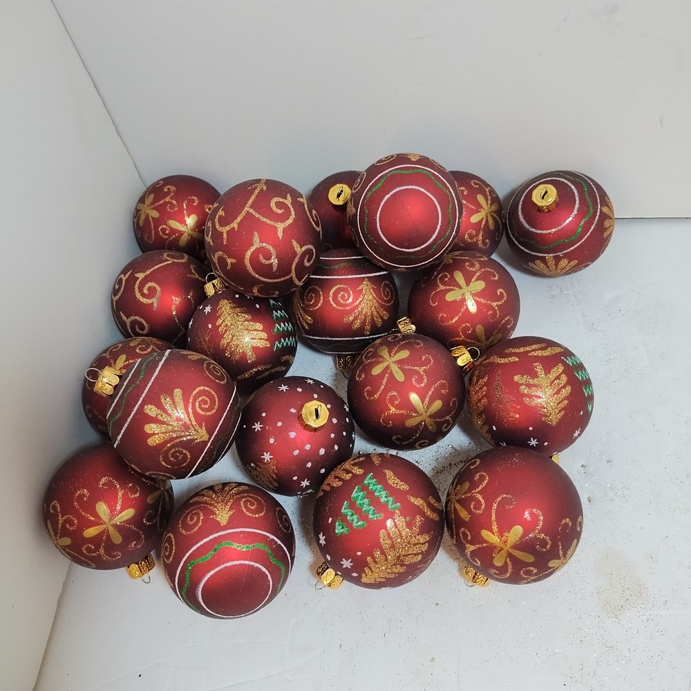 Shatterproof Set of 20 Red Christmas Ball Ornaments Gold Swirls Glitter 2.5"